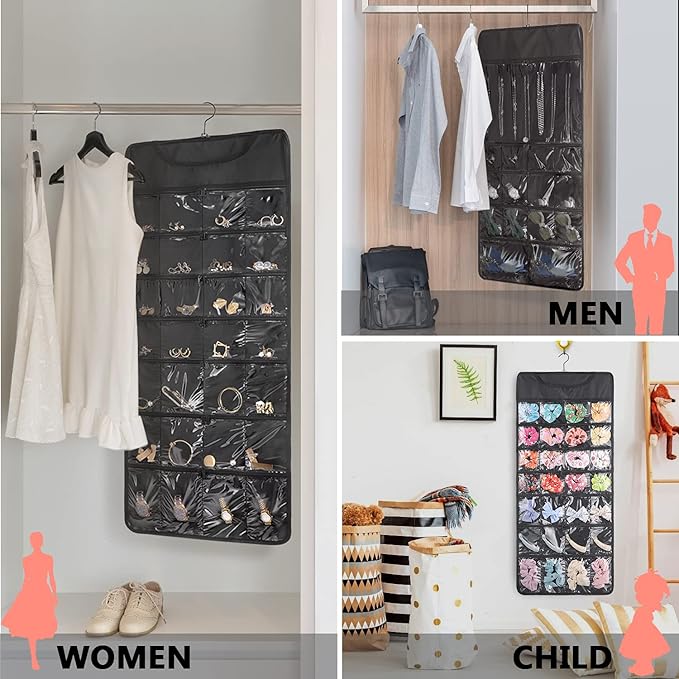 FOREGOER Hanging Jewelry Organizer Double Sided 43 Pockets Large Necklace Earring Accessory Holder Organizer(Black)