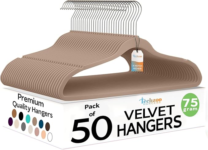 Techzoo 50 Pack New Premium Quality Velvet Hangers Ultra Thin Non Slip Adult Felt Space Saving Hangers for Closet Heavy Duty Coat Pants Dress Hangers 360° Swivel Hook Hold Upto 10 lbs Warm Taupe