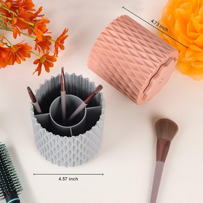 Makeup Brush Holder Organizer - 360° Rotating, 5-Slot Brush Cup for Cosmetics, Lipsticks, Pens | Vanity & Desk Organizer (Pink)