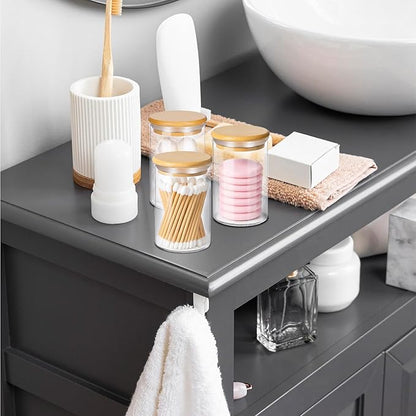 Dimeho 10 Pack Glass Apothecary Jars with Lids Holder Bathroom Canisters Restroom Bedroom Vanity Organizer Small Clear Cotton Balls Dispenser Vanity Makeup Storage Accessories