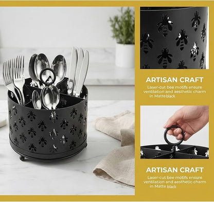 NelyBet 360°Rotating Utensil Caddy Countertop - Bee Silverware Caddy Holder with 4 Compartment - Mesh Cutlery Caddy Holder with Handle for Party Kitchen Counter Office Black