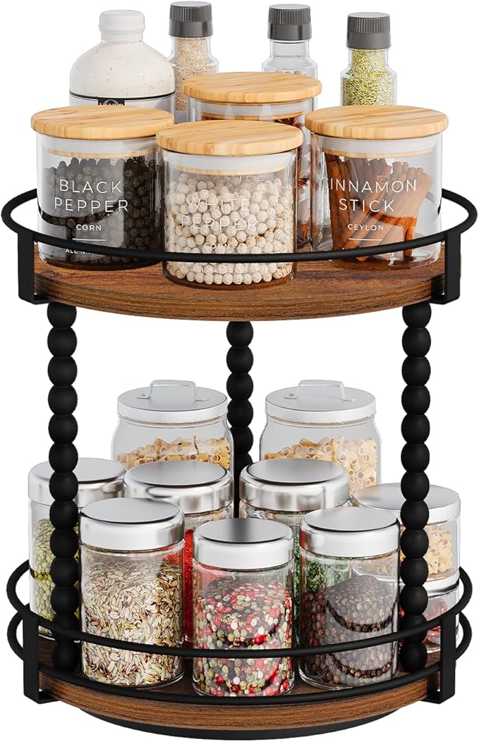 YINMIT Lazy Susan Turntable Organizer, 11.2" Rotating Spice Rack Organizer for Cabinet, Wooden 2 Tier Spinning Spice Rack for Kitchen Countertop, Table Top, Pantry, Bathroom, Brown