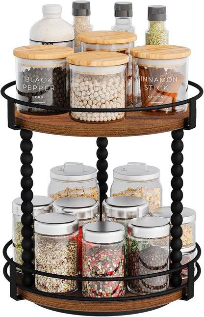 YINMIT Lazy Susan Turntable Organizer, 11.2" Rotating Spice Rack Organizer for Cabinet, Wooden 2 Tier Spinning Spice Rack for Kitchen Countertop, Table Top, Pantry, Bathroom, Brown