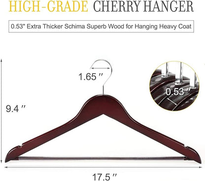 TOPIA HANGER Luxury Wooden Suit Hangers for Closet - Cherry Wood With Extra Thick Hook and Non-Slip Pants Bar, Heavy Duty Coat Hangers With Notches for Shirts - 16 Pack CT01M