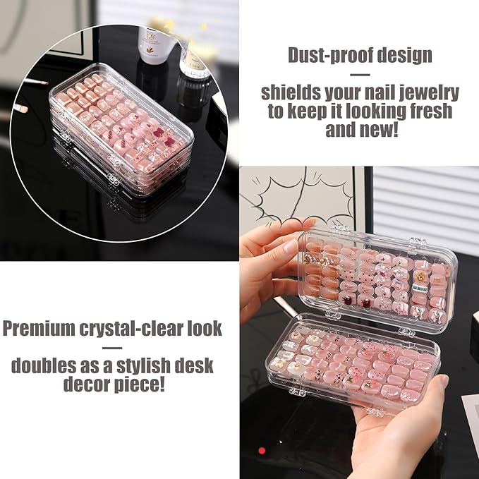 Tri-Fold Press On Nail Organizer Case - 4-Page Portable Storage Box for Fake Nails, Clear PET Plastic Travel Holder (6×3.2×1.8 inch)