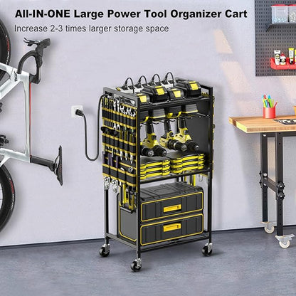 JUNNUJ Large Power Tool Organizer Cart with Charging Station, Garage Floor Standing Rolling Drill and Tools Battery Storage Cart on Wheels, Heavy Duty Rack with 8 Outlet 10 FT Power Strip, Yellow