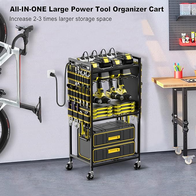 JUNNUJ Large Power Tool Organizer Cart with Charging Station, Garage Floor Standing Rolling Drill and Tools Battery Storage Cart on Wheels, Heavy Duty Rack Shelf with 8 Outlet Power Strip, Yellow