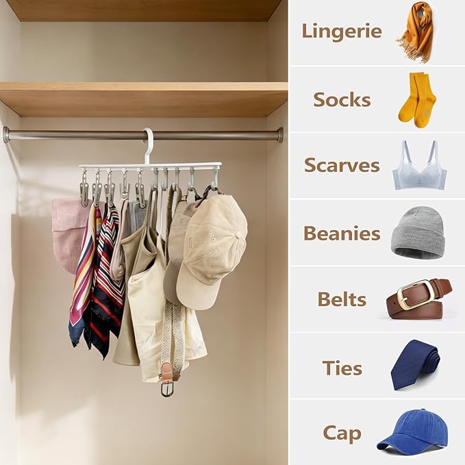 Hat Rack with 5 Hooks & 5 Clips, Adjustable Slide Rails - Space Saving Closet Organizer for Scarves, Belts, Ties, Hats, Underwear