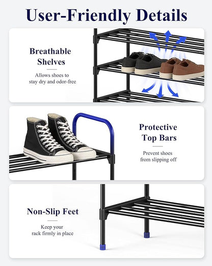 Kitsure Shoe Rack - 3-Tier Space-Saving Shoe Organizer & Shoe Shelf with Handle, Easy Assembly, Sturdy Metal Shoe Rack for Closet, Entryway, Bedroom, 28.0" x 11.8" x 26.5", Black