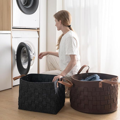 BOLDMONKEY Laundry Basket 20" x20 " x11.8 ", Large Felt Fabric Blanket Basket with Leather Handle, Dirt Clothes Laundry Hamper Round for Babies, Dogs and Living Room-Brown
