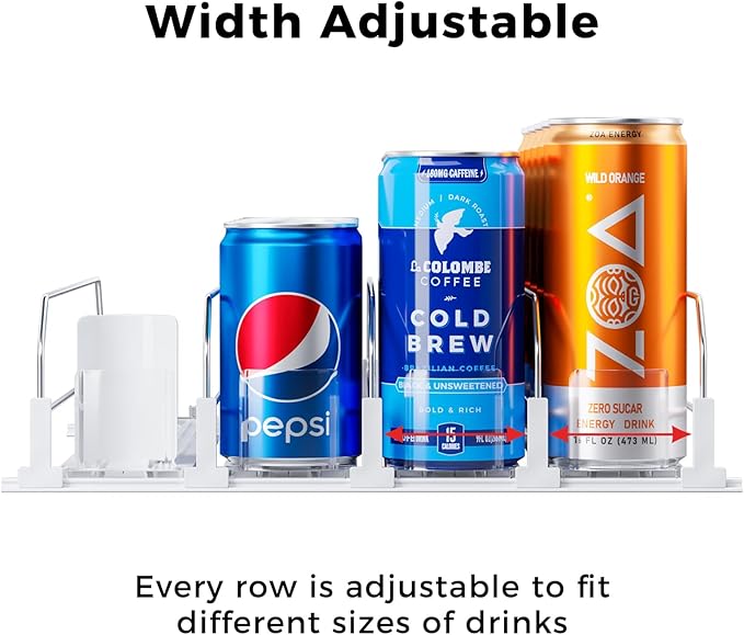 Puricon Drink Organizer for Fridge - Spring Loaded Pusher Glide, Self Pushing Soda Can Dispenser, Beer Bottle Beverage Holder for Refrigerator - 4 Rows, White