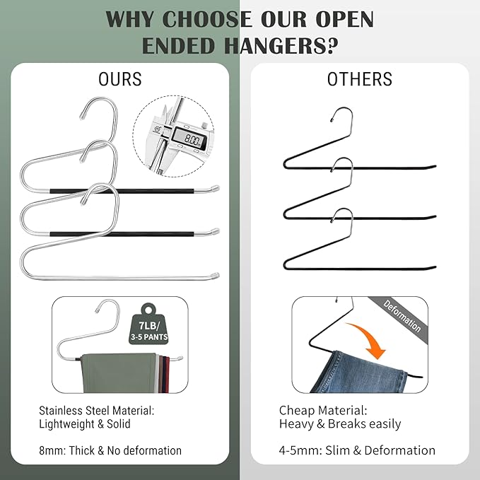 DOIOWN Open Ended Pants Hangers, Stainless Steel Pants Jean Hangers 8 mm Thick, Multifunctional Non-Slip Hangers for Heavy Pants, Jeans, Trousers, Scarf, Space-Saving Clothes Hangers for Women and Men