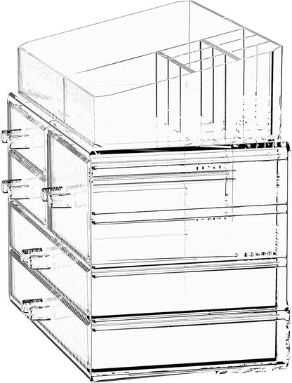 ZHIAI Stackable Storage Drawers, Acrylic Bathroom Counter Organizer Clear Makeup Organizers for Vanity, Kitchen Cabinets, Bathroom, Undersink, Home Organization and Storage (2Top 3 Drawers,)