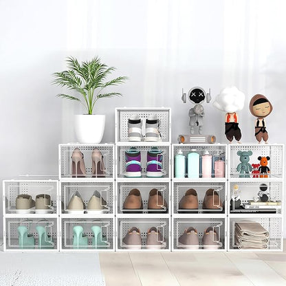 12 Pack X-Large Clear Shoe Storage Boxes, Stackable Modular Plastic Shoe Organizer Front-Opening Door, Fits up to US Size 9 to13, Ventilated Dust-Proof Sneaker Display Cases Closet and Entryway, Black