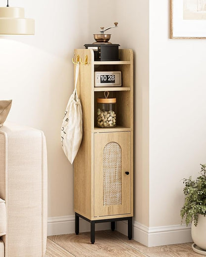Bathroom Storage Cabinet, Small Corner Floor Hutch with 2Hooks,Narrow Toilet Paper Cabinet with Rattan Door,Bathroom Organizer with Adjustable Shelf, for Small Spaces,Oak