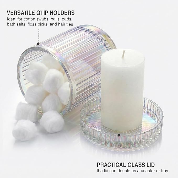 2 Pack Qtip Holder - Apothecary Jars with Lids, Bathroom Organizers and Storage Canister for Cotton Balls,Swabs,Floss Picks,Hair Ties,Clear Glass Vintage Bathroom Decor Jar Set (Iridescent)