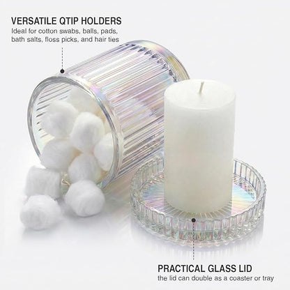 2 Pack Qtip Holder - Apothecary Jars with Lids, Bathroom Organizers and Storage Canister for Cotton Balls,Swabs,Floss Picks,Hair Ties,Clear Glass Vintage Bathroom Decor Jar Set (Iridescent)