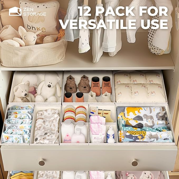 Cotton Linen Drawer Organizer for Baby Clothes, 12Pack Multi-Size Nursery Dresser Dividers for Clothes, Premium Foldable Storage Bins for Bedroom, Closet and Diaper Table, Beige