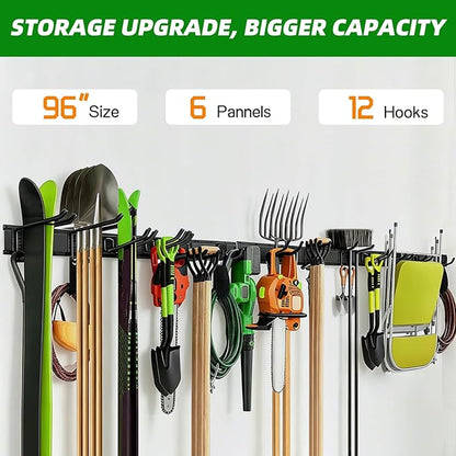 PIYILO Garage Wall Organizer, 96 in Garden Tool Organizer with 12 Adjustable Garage Hooks and 3 Storage Straps, Heavy Duty Tool Holder Wall Mount for Garden & Shed Tools