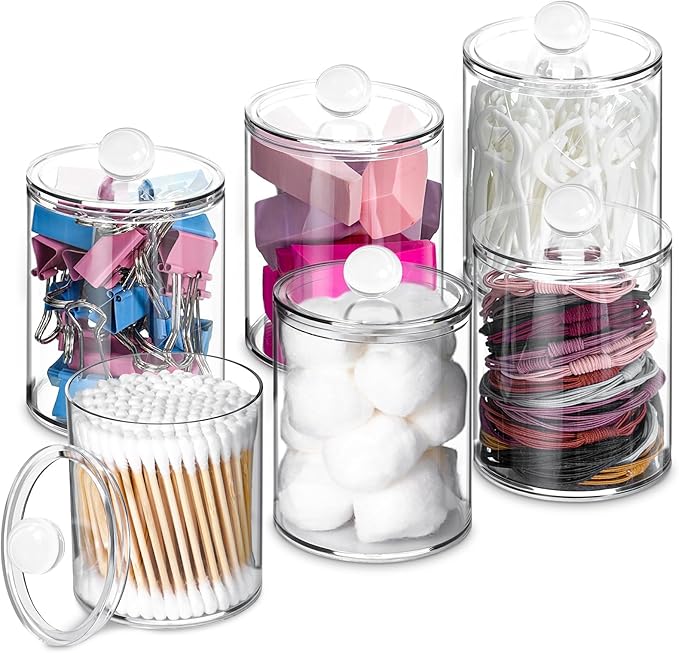 XIPENGKEJI 6 Pack Qtip Holder,Canister Apothecary Jar Set, Bathroom Jars with Lids Set for Cotton Swabs, Balls, Pads, Floss Picks,10oz-12oz Plastic Canisters Restroom Bedroom Vanity Organizer(Clear)