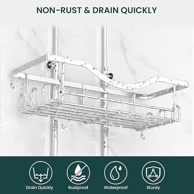 Shower Caddy Hanging Adjustable Shower Caddy, Rustproof Shower Organizer Extended Length Showers Caddy Over Shower Head with Hooks Soap Holder, Large Capacity Anti-Swing Bathroom Organizer, Silver