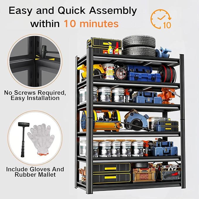 82''H Garage Shelving,3960LBS Heavy Duty Garage Shelving,40"W Industrial Shelving,Adjustable Storage Shelf Unit with Double Layer Posts for Garage,Basement,Warehouse,Commercial,Black 6 Tier