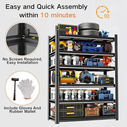 82''H Garage Shelving,3960LBS Heavy Duty Garage Shelving,40"W Industrial Shelving,Adjustable Storage Shelf Unit with Double Layer Posts for Garage,Basement,Warehouse,Commercial,Black 6 Tier