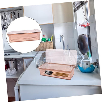 SHOWERORO Chopsticks Drain Storage Box with Lid Food Grade Plastic Kitchen Utensil Organizer and Tableware Holder for Dry Clean Chopstick and Cutlery Storage 11.02X5.12X2.76 Inches
