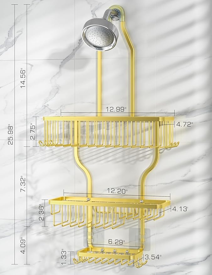 YASONIC Never-Rust Aluminum Hanging Shower Caddy – Over-the-Showerhead Organizer with 10 Hooks for Razor and Sponge – Includes Soap Basket – Gold
