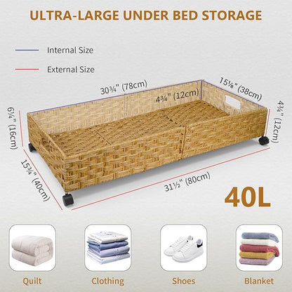 Under Bed Storage with Wheels, 31.5In/40L Large Rolling Underbed Storage Organizer Drawers Bins, Rattan Under the Bed Storage Containers with Handles, Space Saving Design for Clothes,Shoes,Books