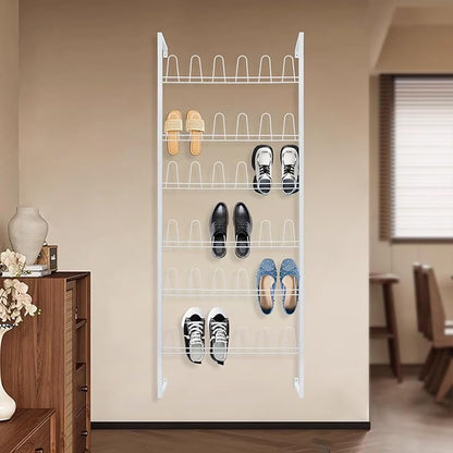 Wall Mounted Metal Shoe Rack Organizer, 6-Tier Iron Hanging Shoe Storage, Shoe Shelf Holds 18 Pairs of Shoes, Shoe Storage Rack for Entryway, Bedroom, Closet, Garage (White, 6-Tier)