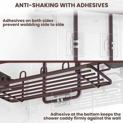 REINHARDT Shower Caddy Hanging, Rustproof Shower Caddy Anti-Swing Shower Organizer No Drilling Showers Racks with Soap Holder Multi Hooks Bathroom Storage for Shampoo Sponge, Bronze