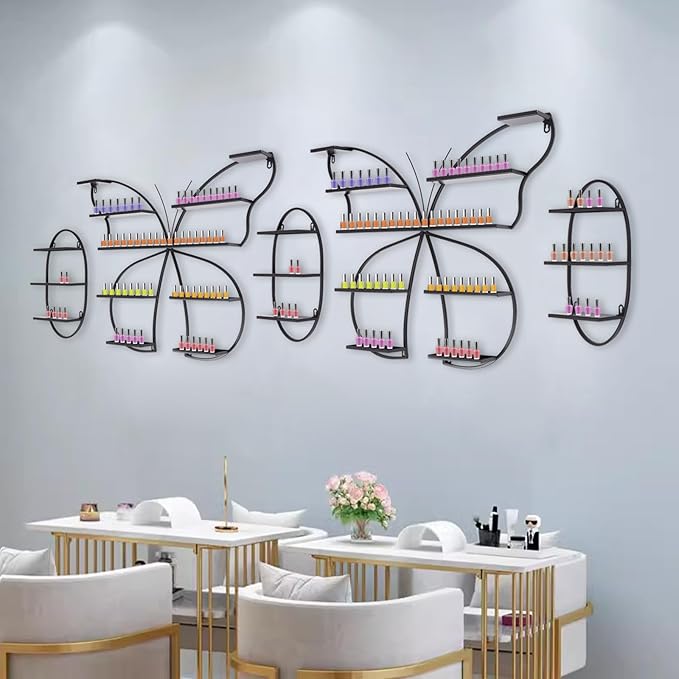 Butterfly Wall-Mounted Nail Polish Rack Set of 5-11LBs/Rack Capacity, Adjustable Cosmetic Display for Salon & Home Spa (Black)