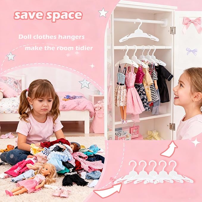 36 Pcs Doll Clothes Hangers for 18-Inch Dolls - Non-Slip, Space-Saving Wardrobe Accessories for Doll Gowns & Outfits (White)