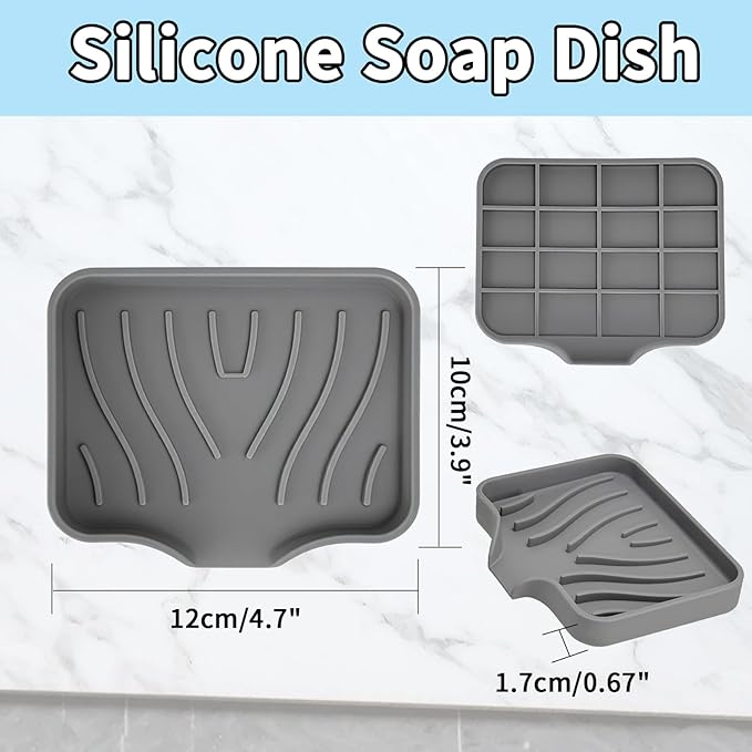 2 Pack Silicone Soap Dish with Drain, Self Draining Bar Soap Holder for Shower, Silicone Dish Soap Tray, Bathroom and Kitchen Sink Organizer, Grey
