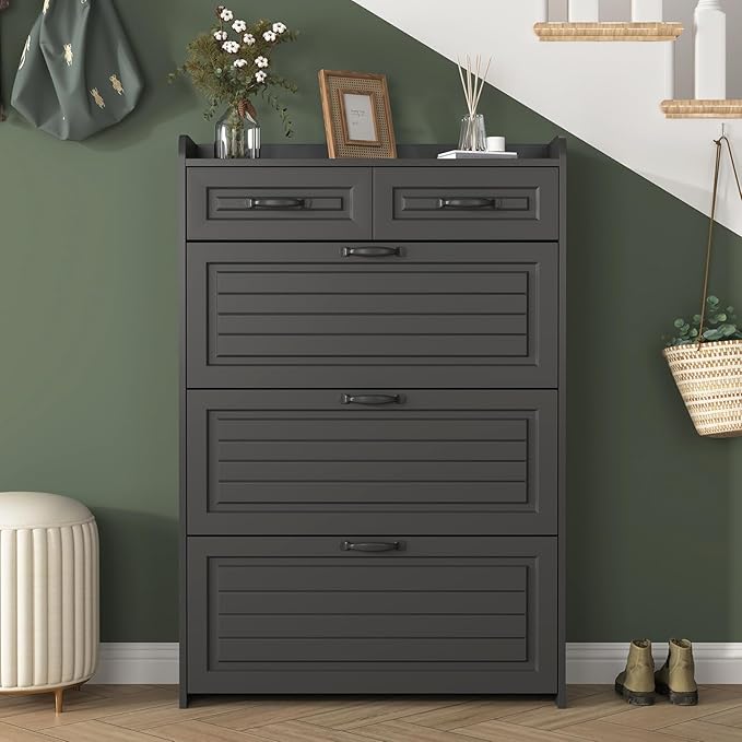Vibe & Dine Narrow Shoe Organizer Cabinet with 3 Large Flip Drawers & 2 Storage Drawers - Slim Shoe Storage for Entryway, Hallway, Bedroom, Black