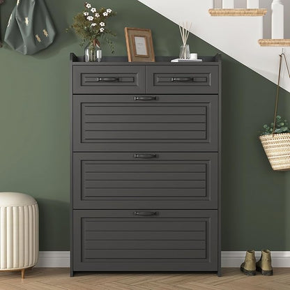 Vibe & Dine Narrow Shoe Organizer Cabinet with 3 Large Flip Drawers & 2 Storage Drawers - Slim Shoe Storage for Entryway, Hallway, Bedroom, Black