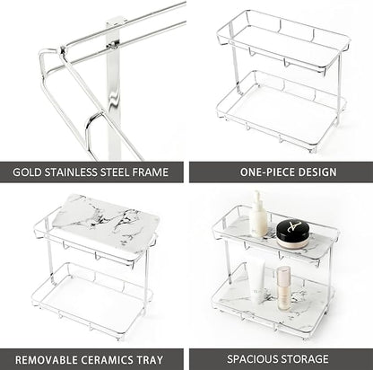 Bathroom Organizer Countertop Perfume Organizer Makeup Organizer Cosmetics Storage Display Rack Vanity Tray Dresser Stainless Steel Gold Shelf White Marble Ceramic Tray (2 Tier L-Sliver) | Perfume Organizer, Makeup Organizer, Cosmetics Storage, Vanity ...