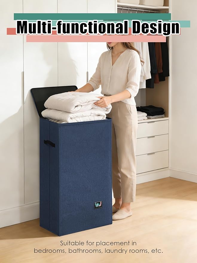 WTREE Laundry Hamper with Lid, Reinforced Sturdy Clothes Hamper with Anti-Puncture Base, Large Collapsible Laundry Basket with Removable Liner Bag, Tall Dirty Clothes Bin for Family, 100L Navy Blue