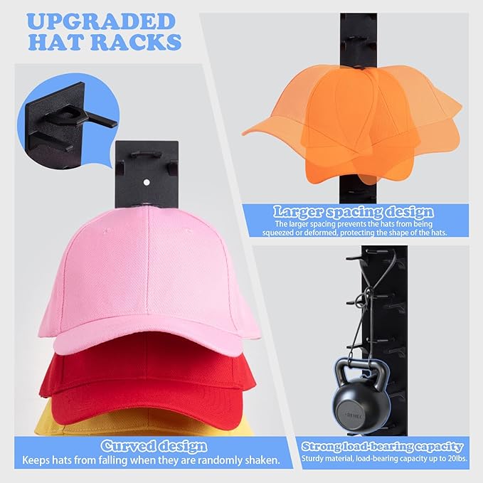 Dntorx Hat Organizer for Baseball Caps, 1 Pack Hat Rack for Wall Hold up to 9 Hats Strong Adhesive Hat Hooks Stand Multilayer Hat Hanger Organizer Storage Holder Display for Door Closet Bedroom（Black
