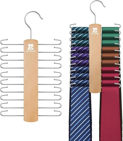 ZEDODIER Wooden Tie Rack, Tie Hanger for Men Closet, 20 Storage Capacity, Non-Slip Rotatable Tie Organizer, Hanging Space Saving Holder, Natural