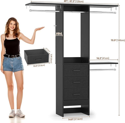 Besiost 4FT Small Closet System with 3 Fabric Drawers, 48'' Closet Organizer System With 3 Adjustable Shelves, Flexible Built-In Clothes Garment Rack for Small Space, 48" L x 13" W x 71" H, Black