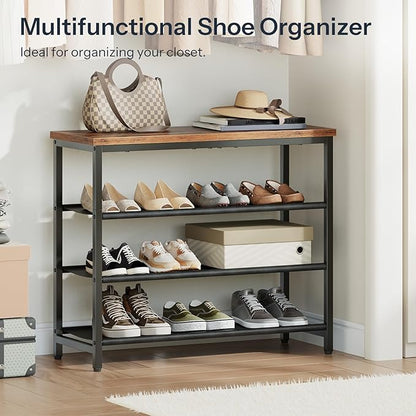 HOOBRO Shoe Rack with 3 PU Shelves, 4-Tier Shoe Storage Organizer for Closet and Entryway, Holds 9-12 Pairs of Shoes, Sturdy Metal Frame, Small Spaces, Rustic Brown and Black BF94XJ01