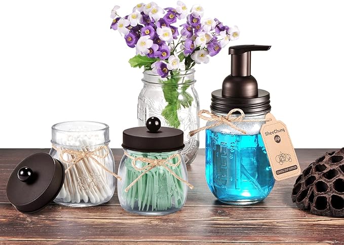 SheeChung 4 Pack Apothecary Jars with Lids, Bathroom Organizers and Storage, Qtip Holders Set, Bathroom Decor, Small Mason Jars for Q-tips, Cottons, Floss, Balls, Cotton Swabs-Bronze