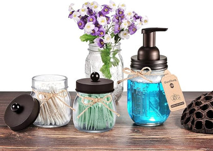 SheeChung 4 Pack Apothecary Jars with Lids, Bathroom Organizers and Storage, Qtip Holders Set, Bathroom Decor, Small Mason Jars for Q-tips, Cottons, Floss, Balls, Cotton Swabs-Bronze