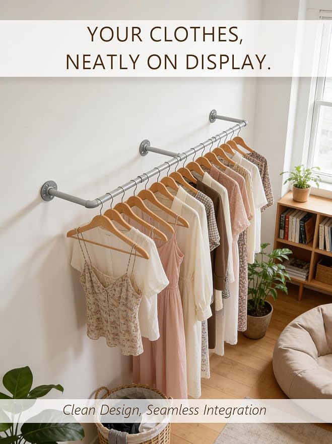 Aduanbang 65.7in Industrial Pipe Wall Mounted Clothes Rack, Heavy Duty Detachable Iron Garment Bar, Rustic Space-Saving Hanging Rod for Bedroom, Closet – Silver Gray,4 hooks