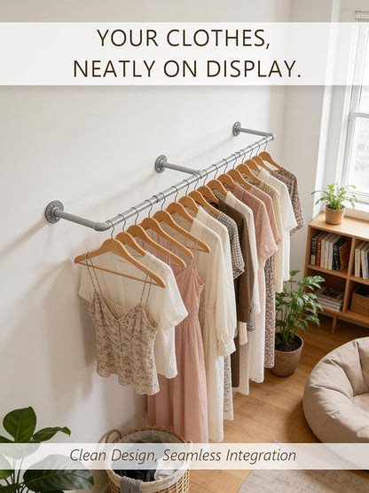 Aduanbang 65.7in Industrial Pipe Wall Mounted Clothes Rack, Heavy Duty Detachable Iron Garment Bar, Rustic Space-Saving Hanging Rod for Bedroom, Closet – Silver Gray,4 hooks