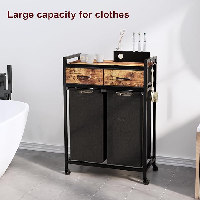 Timberer Laundry Hamper, Laundry Sorter 2 Section, Rolling Laundry Basket with Wheels, 2 Drawers, 2 × 14.5 Gal (55 L), Pull-Out and Removable Oxford Fabric Bags, Black and Rustic Brown