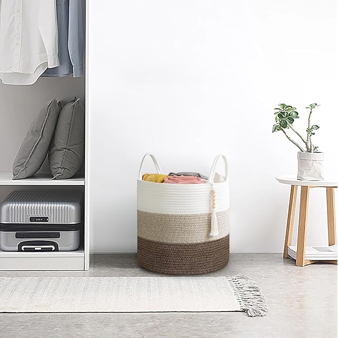 Mkono Woven Storage Basket Decorative Natural Rope Basket Wooden Bead Decoration for Blankets,Toys,Clothes,Shoes,Plant Organizer Bin with Handles Living Room Home Decor, 16" W × 13.8" L