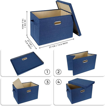 SNWDN 3 Pack Collapsible Fabric Storage Bins with Lids Fabric storage box with lids for Household and office use (Dark Blue 14.6x10.6x10.2 inches)